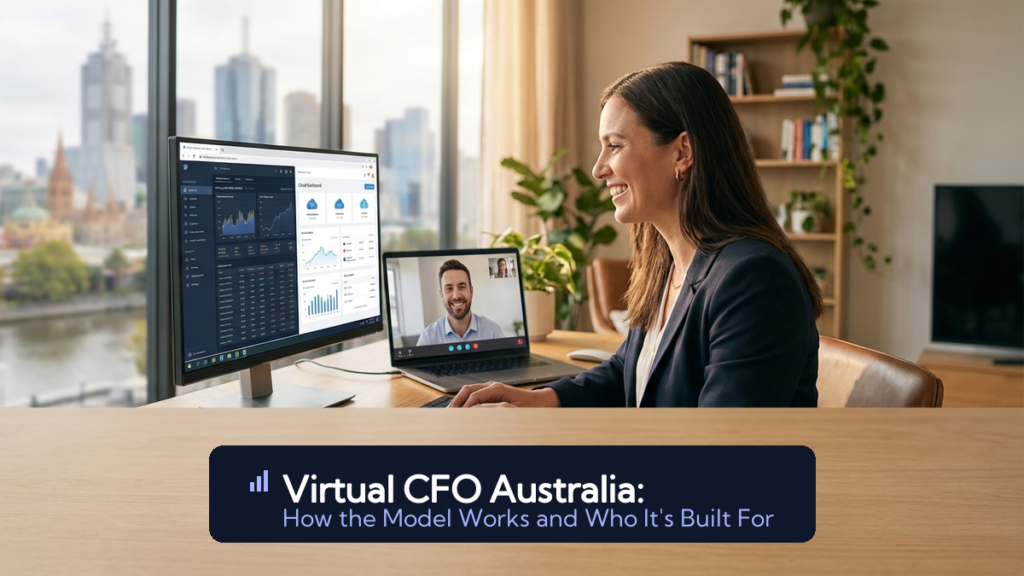 A CFO on a video call with a business director, financial dashboards visible on screen in a remote work setting